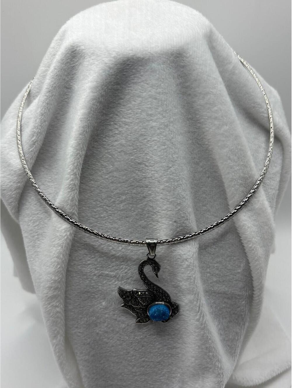 New Stainless Steel Hammered Torque Necklace Swan Druzy Marcasite Pendant